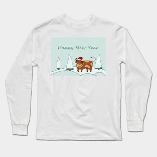 Happy New Year greeting card. Print Gift. Funny Christmas Exclusive present. Zodiac bull christmas. Symbol of the new year 2021. Long Sleeve T-Shirt